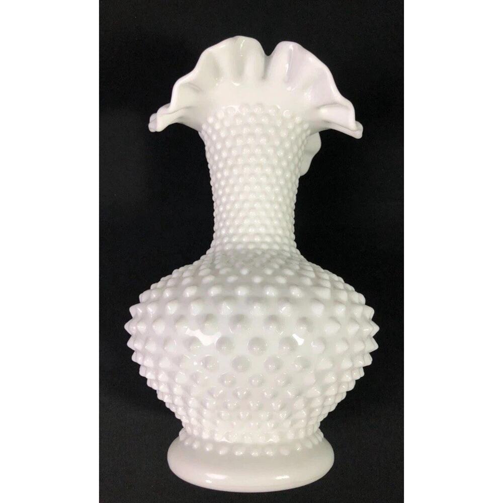 Vintage Large Fenton White Milk Glass Hobnail Ruffled Crimped Edge Vase 11"